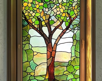 Custom Size Tree of Life Stained Glass Window Film Nature-Inspired Privacy Cling, Elegant Green Foliage Decorative Window Decal for Home