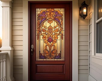 Custom Size Vintage Amber Stained Glass Window Film Frosted Privacy Static Cling for Front Door Entry Door Decorative Glass