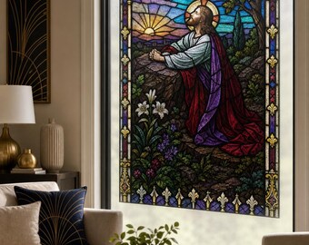 Blue Green Devotional Glass Effect Static Cling Window Film, Custom Size Art Deco Privacy Decor