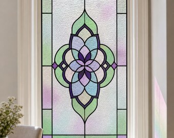 Art Deco Geometric Lotus Medallion Mint, Stained Glass Window Film, Custom Size