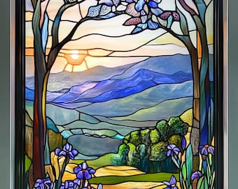 Custom Size Nature-Inspired Stained Glass Window Cling Breathtaking Sunset Over Mountains with Floral Tree Design UV Protection Privacy