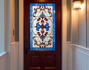 Custom Size Vintage Blue Stained Glass Window Film Frosted Privacy Static Cling for Front Door Entry Door Decorative Glass