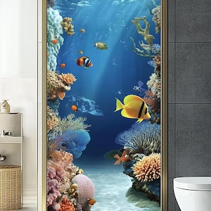 May include: A door featuring a vibrant underwater scene with colorful coral and fish. The design includes a variety of coral formations in shades of orange, pink, and blue, with yellow and orange fish swimming in the blue water. The door is framed in gold.