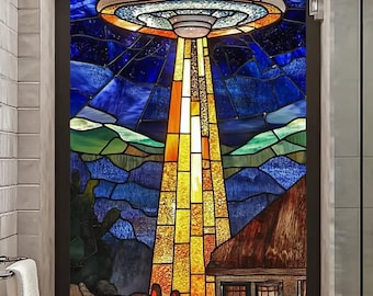 Custom Size Sci-Fi Stained Glass Privacy Film with Glowing Spaceship Design Perfect for Creative Interiors Bedrooms and Themed Rooms