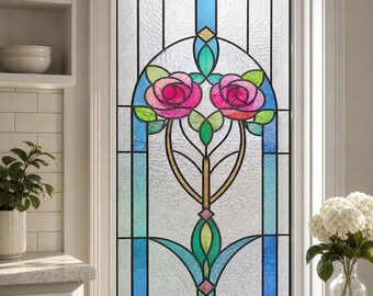 Frosted White Blue Pink Rose, Stained Glass Window Film, Custom Size