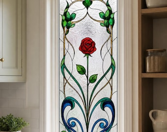 Green Single Rose Frosted Textured, Stained Glass Window Film, Custom Size