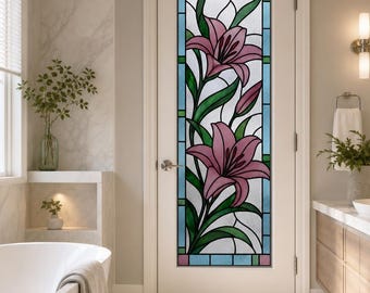 Green Pink Lily Flowers, Stained Glass Window Film, Custom Size