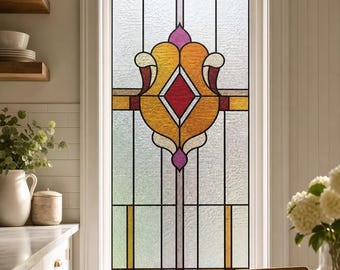 Amber Gold Geometric Diamond Stylized Floral, Stained Glass Window Film, Custom Size