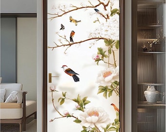 Custom Size Vintage Chinese Painting Stained Glass Film Birds and Blooms Design for Privacy and Style