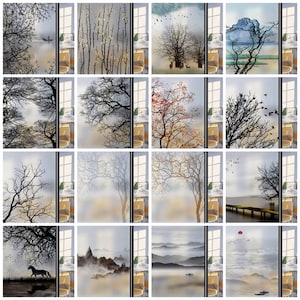 Puede incluir: Una colección de vinilos decorativos para ventanas con diversas escenas de la naturaleza. Los diseños incluyen árboles, paisajes con montañas y una silueta de caballo. La paleta de colores varía del blanco y negro a tonos tierra apagados, creando una estética serena.