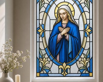 Virgin Mary Stained Glass Effect Window Film, Custom Size Static Cling Privacy Decor for Doors and Windows