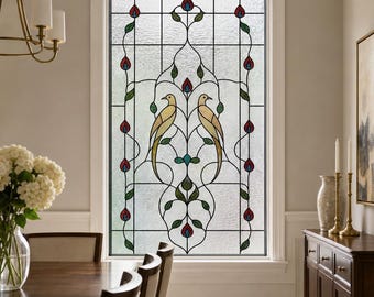 Stained Glass Window Film, Art Nouveau Frosted White Red Teardrop, Custom Size