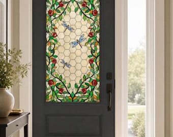 Art Nouveau Rose Vine Stained Glass Effect Film with Dragonflies, Custom Size Available
