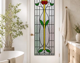 Green Stylized Floral Green Leaves, Stained Glass Window Film, Custom Size
