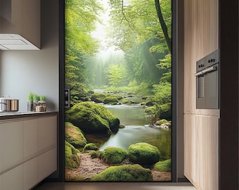 Custom Size Serene Nature Static Cling Window Film Green Forest River Decorative Cover Privacy Decor