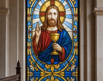 Church Window Printed Stained Glass Effect Film, Jesus Chalice Static Cling, Custom Size Available