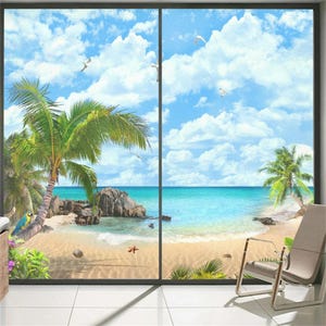 May include: A window view of a tropical beach scene with palm trees, blue sky, white clouds, and a turquoise ocean. The beach is sandy with a few rocks and a starfish.