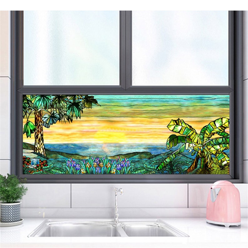 Custom Size Window Film Stained Glass Frosted Privacy Static Cling Vintage for Transom Window