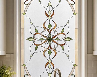 Frosted White Stylized Floral Green Leaves, Stained Glass Window Film, Custom Size