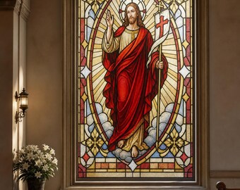 Red Gold Stained Glass Effect Static Cling, Custom Size Jesus Church Window Film for Privacy Decor