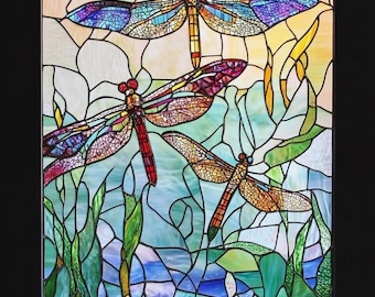 Custom Size Dragonfly Stained Glass Window Decal Lush Greenery Colorful Wings Non-Adhesive Static Cling Film for Home Office Glass Doors