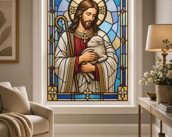 Art Deco Jesus Shepherd Stained Glass Effect Window Film, Custom Size Static Cling Privacy Decor