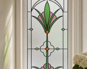 Stained Glass Window Film, Stylized Floral Stem Art Deco Frosted, Custom Size