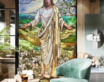 Customized Church Style Privacy Stained Glass Film Jesus Pattern Retro Colorful Stickers Shower Bathroom Office Home Decor