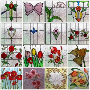 Pode incluir: Uma coleção de 10 painéis de vitrais com vários desenhos florais e geométricos. Os painéis estão dispostos em uma grade e exibem uma variedade de cores, incluindo vermelho, azul, verde, amarelo e rosa.