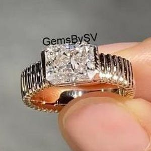 Solitaire Diamond Wedding Ring With Half Bezel Set, East To West 3.50CT Radiant Cut Moissanite Chunky Ribbed Band Ring, 10k Gold Bridal Ring