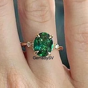 May Birthstone Ring, 2.50 CT Oval Cut Green Emerald Gemstone Ring With White Marquise & Round Accents, 14K Yellow Gold Proposal Ring For Her