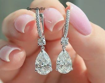 Pendientes de moissanita con diamantes talla pera de 4,00 quilates, pendientes pavé con forma de lágrima, pendientes de oro blanco de 14k con cierre de pestillo, pendientes para fiestas