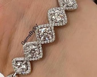 Modern 6 MM Round Cut Colorless Moissanite Halo Diamond Bracelet, Half Bangle Bracelet, 14K White Gold Women&#39;s Bracelet, Party Wear Bracelet