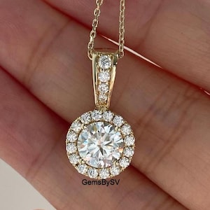 5 MM Round Brilliant Cut Moissanite Anniversary Pendant, Without Chain Only Pendant, Halo Diamond Pendant, 18k Yellow Gold Women&#39;s Pendant