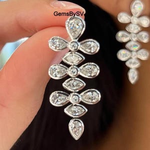 Dangle Drop Wedding Earrings, Bezel Set Horizontal 5.08 TCW Pear, Round & Marquise Cut Moissanite Earrings, Screw Back Earrings In 14k Gold