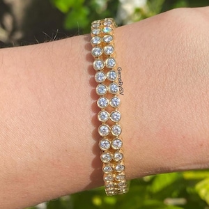 Double Row Bezel Set Tennis Diamond Bracelet, 17 TCW Round Cut Moissanite Engagement Bracelet, Party Wear Bracelet, 10K Yellow Gold Bracelet