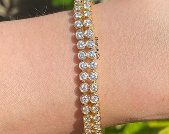 Double Row Bezel Set Tennis Diamond Bracelet, 17 TCW Round Cut Moissanite Engagement Bracelet, Party Wear Bracelet, 10K Yellow Gold Bracelet