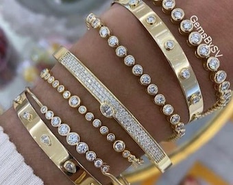 East To West 5x3 MM Pear Cut Moissanite Bangle, Micro Pave Set Diamond Bangle, Round Cut Bezel Set Tennis Bracelet, 10K Yellow Gold Bangle