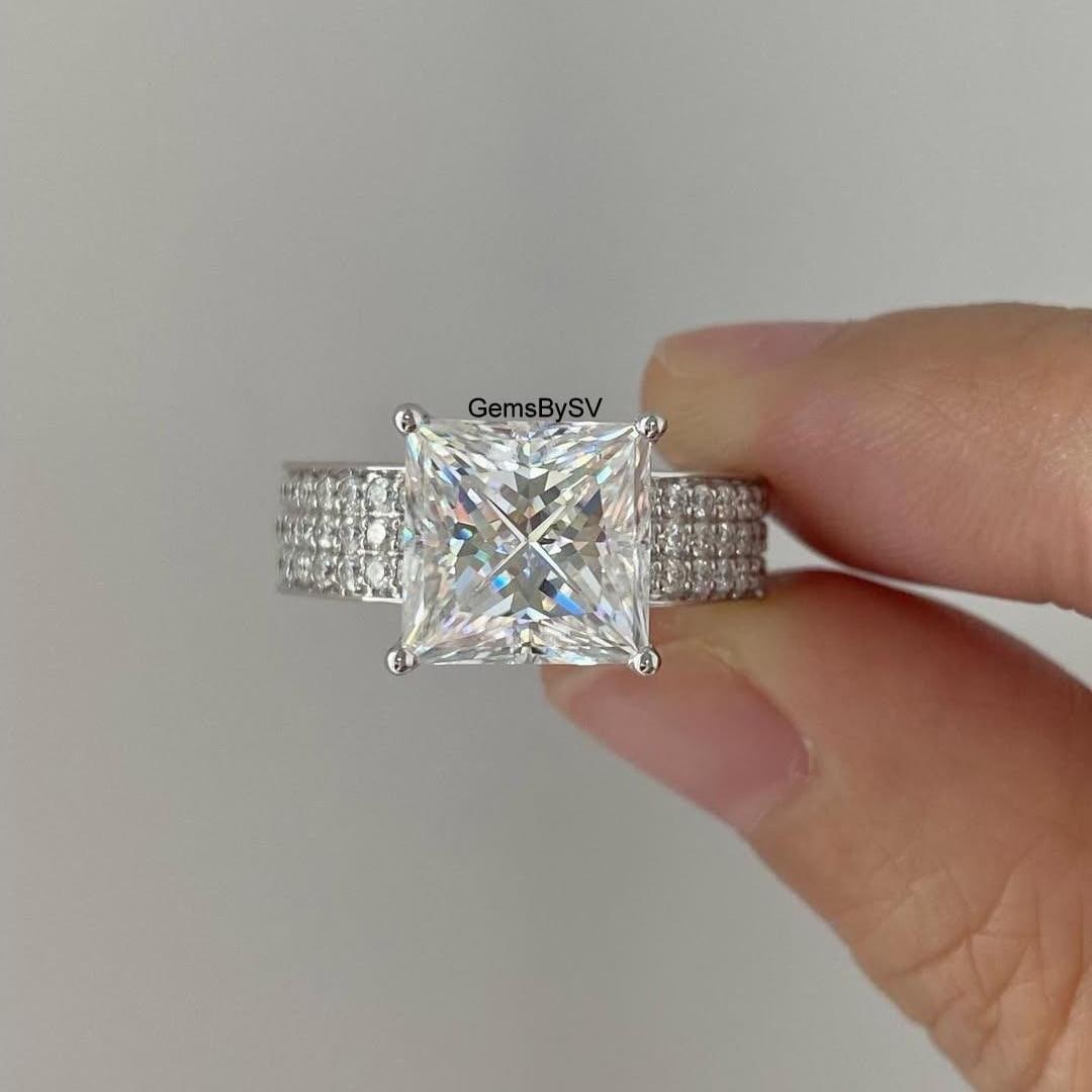 Unique Three Row Pave Set Wide Band Ring, 9 MM Princess Cut Moissanite Diamond Ring, 18k White Gold Wedding Ring, Bubble Prong Setting