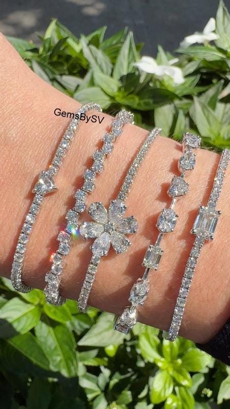 Flower Shaped Moissanite Bracelet, Zig-Zag Diamond Bracelet, Heart Diamond Bracelet, 10K Gold Multi Shaped Diamond Prong Set Tennis Bracelet