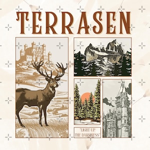 Puede incluir: Un estampado de estilo vintage con la palabra "TERRASEN" en la parte superior. Presenta cuatro ilustraciones enmarcadas: un ciervo, montañas, un castillo y una escena de bosque con una puesta de sol. También incluye el texto "LIGHT UP THE DARKNESS".