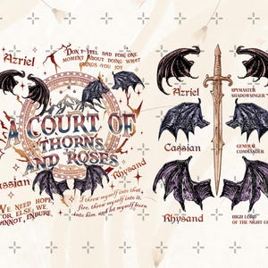 Może przedstawiać: Projekt "A Court of Thorns and Roses" z Azrielem, Cassianem i Rhysandem, skrzydłami, mieczem i cytatami. Projekt zawiera tekst i ilustracje w odcieniach brązu, fioletu i czerni.