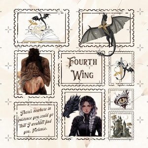 Könnte beinhalten: Eine Collage von Briefmarken im Fantasy-Stil. Die Briefmarken zeigen Illustrationen von Drachen, Paaren, einem Schwert und einem Schloss. Der Text enthält "Fourth Wing" und ein Zitat: "There's nowhere in existence you could go that I wouldn't find you, Violence."