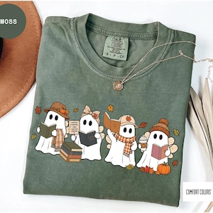 Autumn Coffee Tee, Pumpkin Patch Cozy Season, Spooky Reading Ghost T-shirt, Fall Halloween Shirt