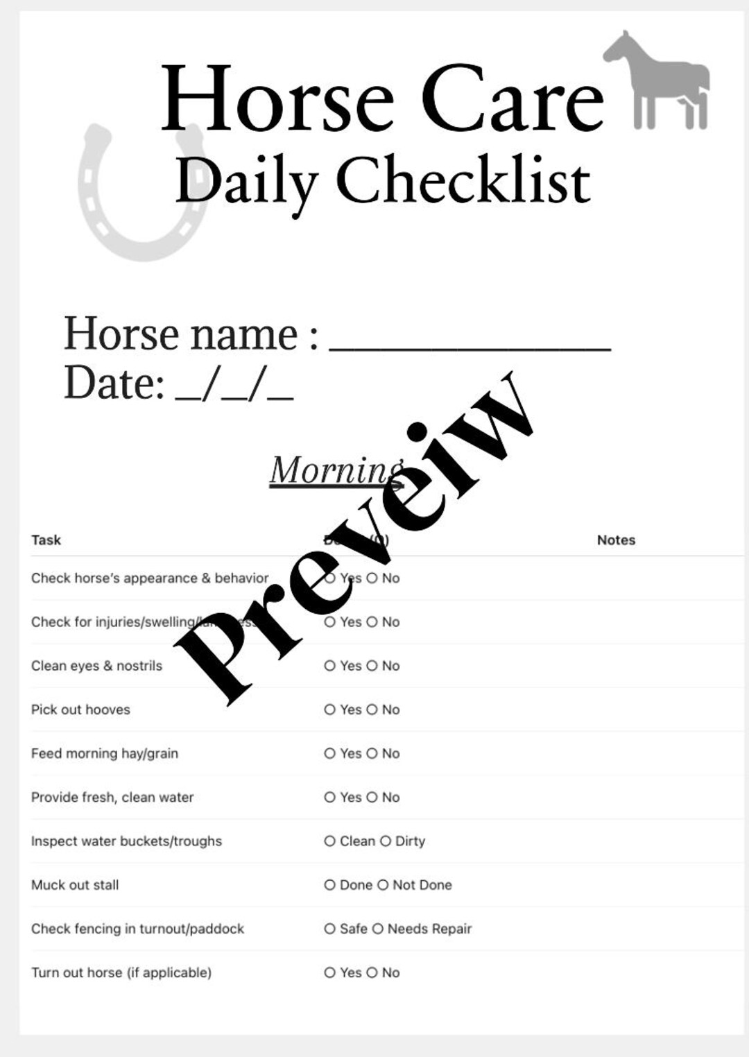 Daily Horse Care Checklist - Etsy