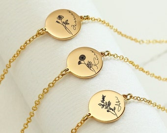 Bracelet de disque de fleur gravé personnalisé, bracelet de fleur de naissance personnalisé avec nom, bracelet de maman, cadeau de demoiselle d'honneur délicat, cadeaux d'anniversaire pour elle