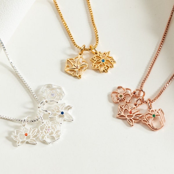 Collier de fleurs de naissance combiné avec cadeau de pierre de naissance pour elle