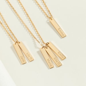 Custom Family Tag Necklace,Vertical Gold Bar Necklace,Personalized Necklace for Grandma,Kid Name Jewelry,Birthday Holiday Xmas Gift for Her