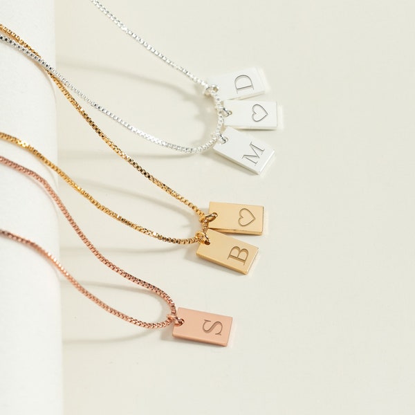Multiple Bar Initial Necklace,Tiny Charm Necklace with Box Chain,Custom Initial Tag Necklace,Engraved Letter Necklace,Christmas Gift for Her
