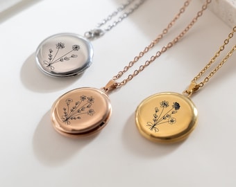 Bouquet Birth Flower Locket Necklace with Photo,Engraved Round Locket Necklace,Memorial Jewellery,Anniversary Gift,Birthday,Xmas Gifts